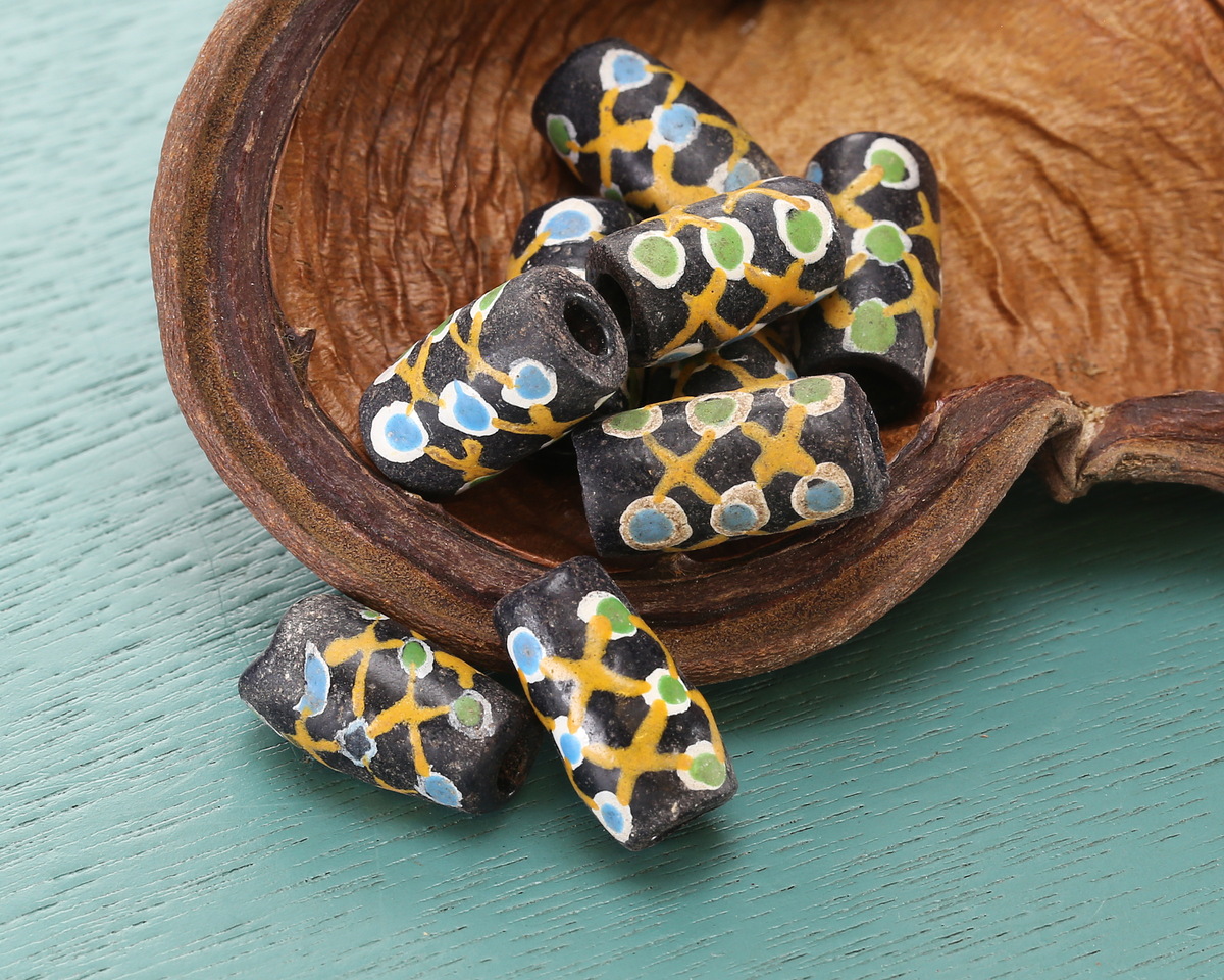 African Glass (Krobo) Black Powder-Cast Hand-Painted Yellow Lattice w/ Green & Blue Dots Tube 15-18x9mm