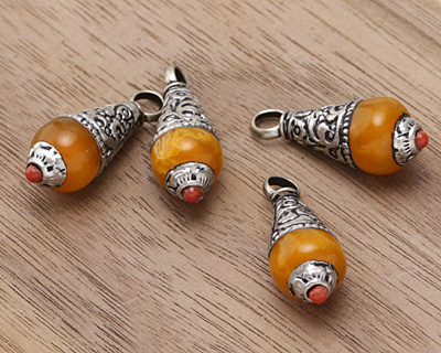 Nepalese Resin Amber & White Brass Teardrop Pendant 10x27mm