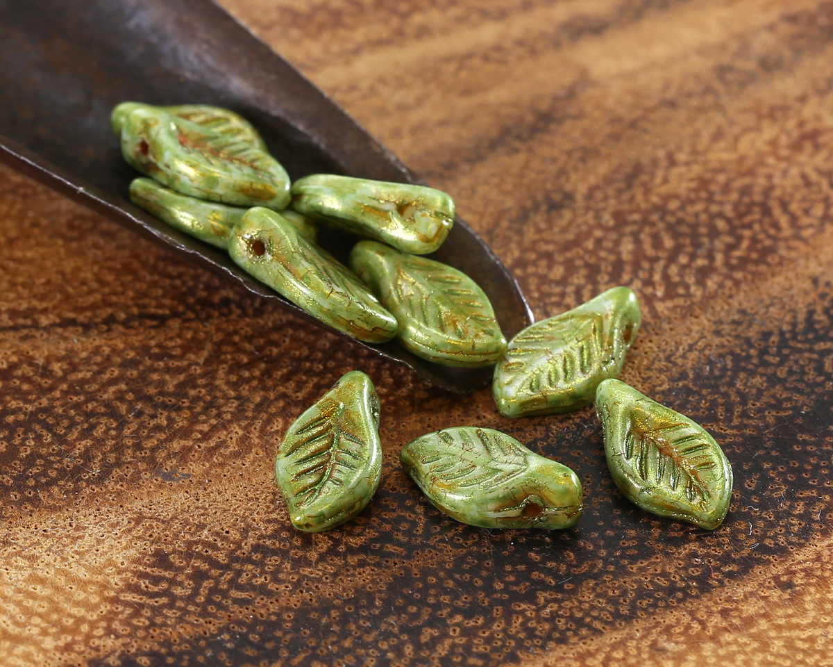 Czech Glass Green Stone w/ Bronze Luster Leaf Drop 6x12mm