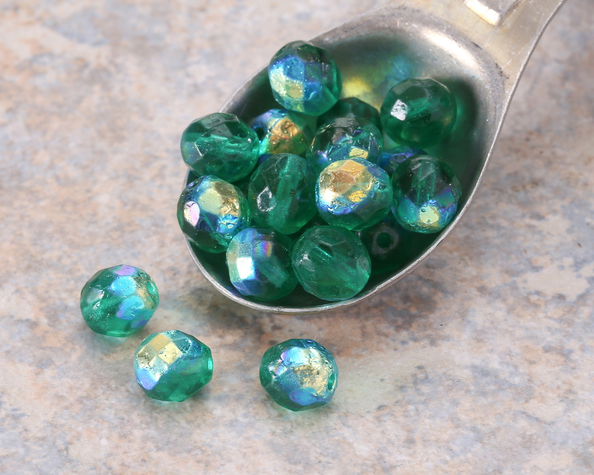 Czech Glass Textured Emerald AB Fire Polished Round 8mm