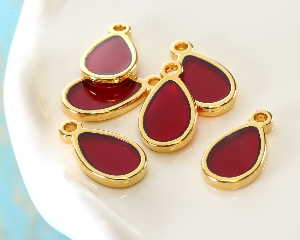 24K Gold (Plated) Transparent Ruby Red Resin Drop Focal 8x15mm