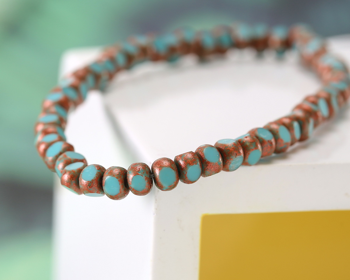 Czech Glass Turquoise Blue w/ Antique Copper Trica Beads 3x4mm