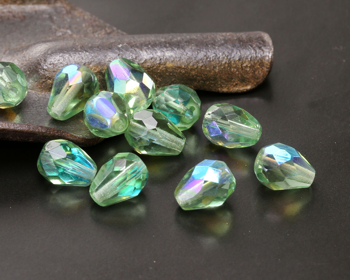 Czech Glass Peridot AB Faceted Teardrop 9x7mm