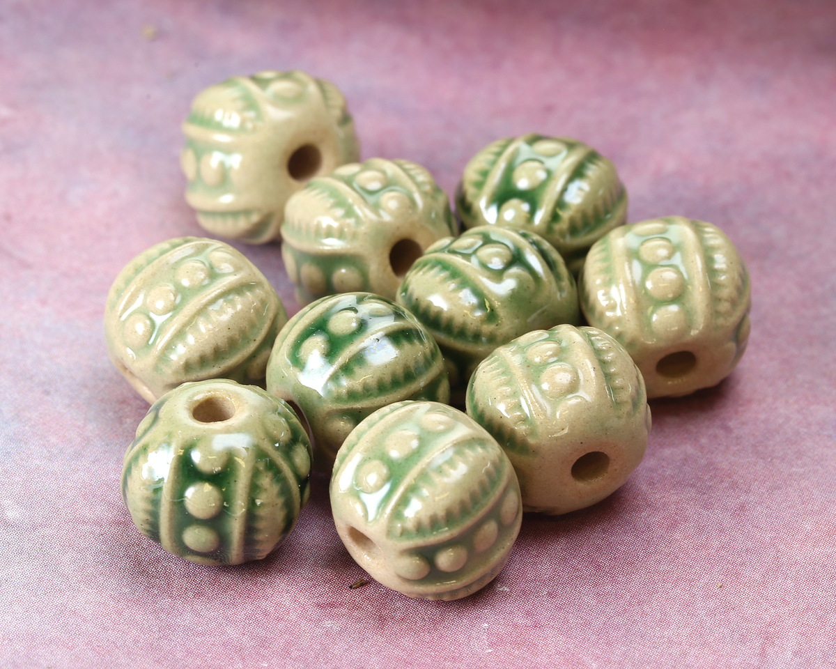 Golem Studio Bottle Green Circles & Notches Ceramic Round Bead 12-13x13mm