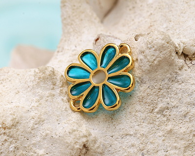 24K Gold (Plated) Transparent Turquoise Resin Daisy Focal Link 20x16mm