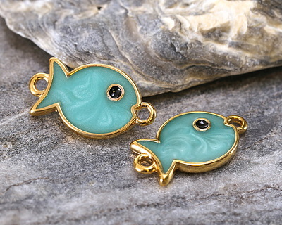 24K Gold (plated) Turquoise Pearl Enamel Fish Focal Link 19x11mm