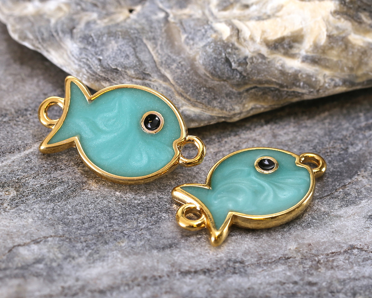 24K Gold (plated) Turquoise Pearl Enamel Fish Focal Link 19x11mm
