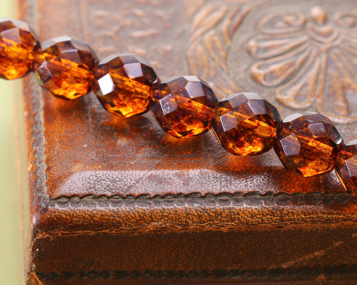 Czech Glass Amber Picasso Fire Polished Round 10mm