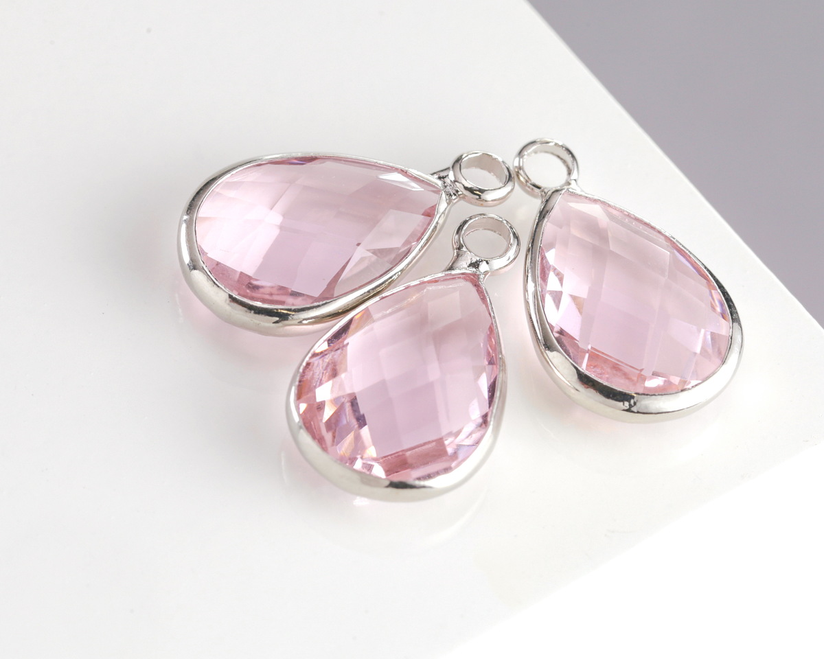 Rose Pink Crystal Teardrop in Silver Finish Bezel 10.5x18mm