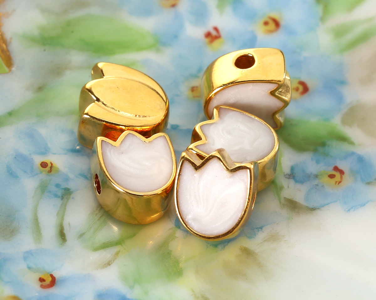 24K Gold (plated) White Pearl Enamel Tulip Bead 7.5x9mm