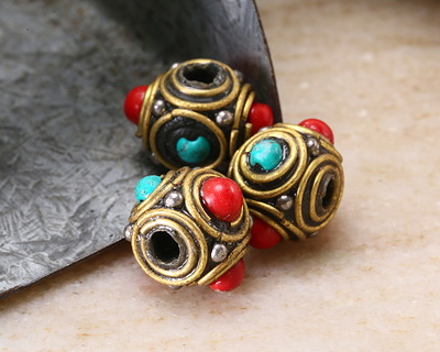 Nepalese Brass w/ Dots & Double Ringed Turquoise & Coral Dots Cube 10-11x14mm