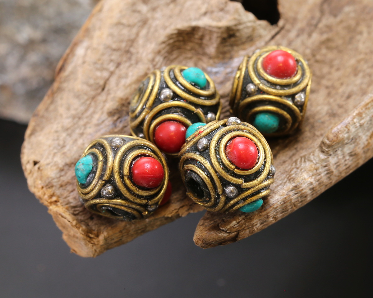 Nepalese Brass w/ Dots & Double Ringed Turquoise & Coral Dots Cube 10-11x14mm