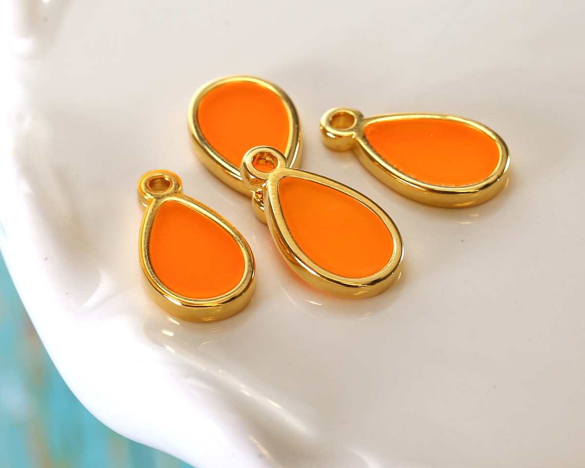24K Gold (Plated) Transparent Orange Resin Drop Focal 8x15mm