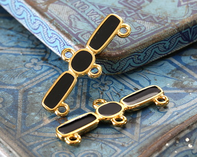 24K Gold (plated) Jet Enamel Oval & Rectangle 1:3 Focal Link 30x11mm