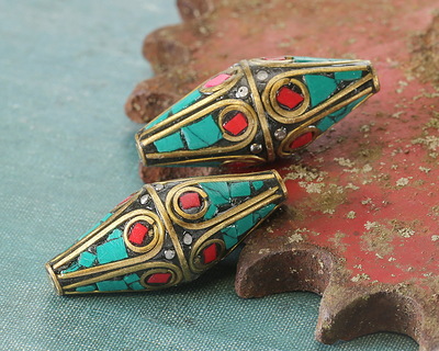 Nepalese Brass w/ Coral & Turquoise Mosaic Plumes Long Rice Bead 35-37x15-16mm