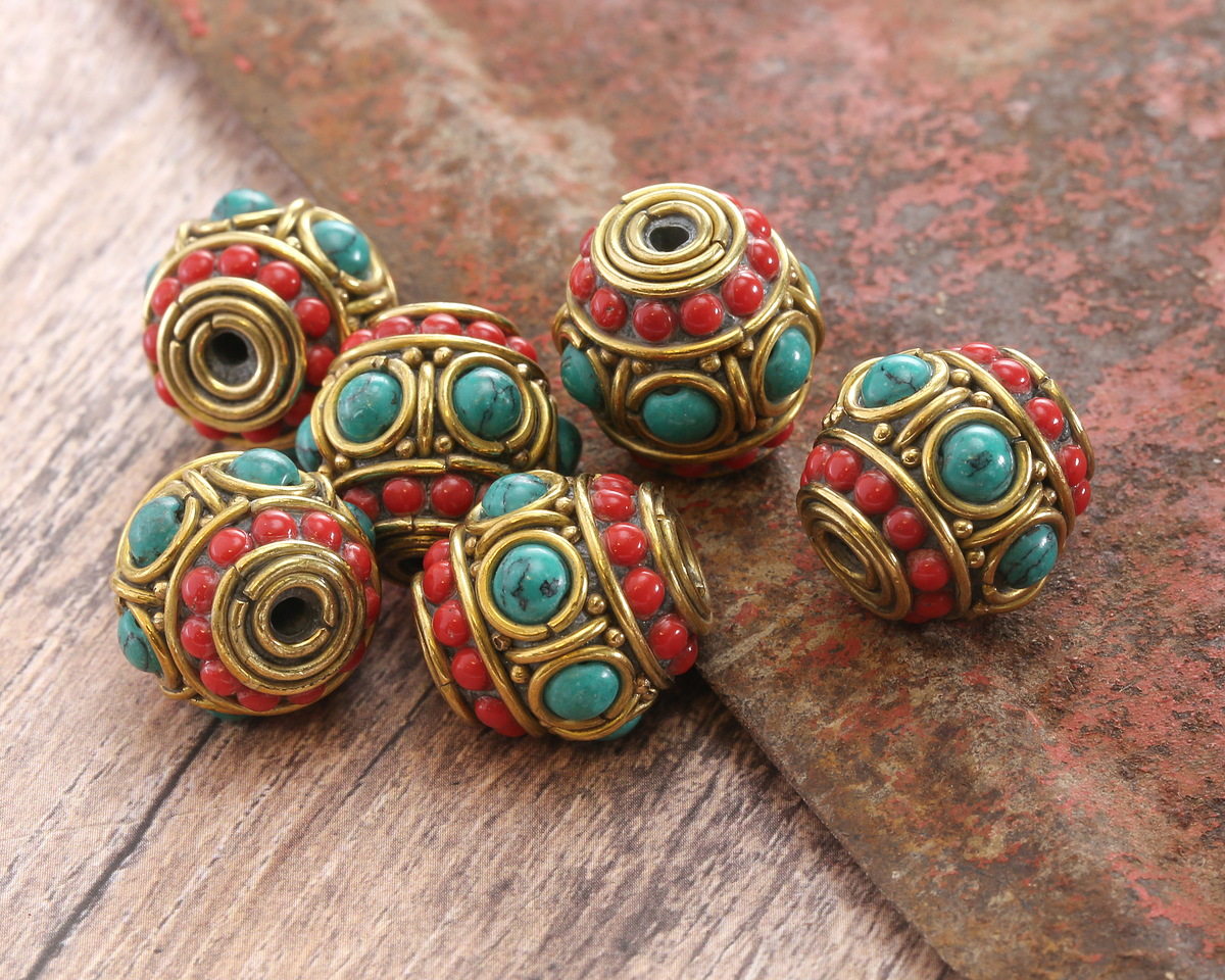 Nepalese Brass Turquoise, & Small Coral Dots Large Barrel Bead 16x15mm
