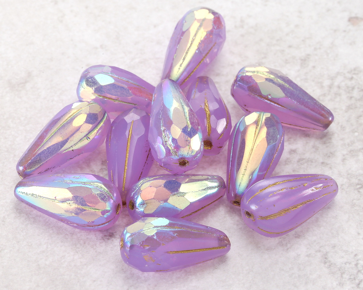 Czech Glass Lavender Opal AB w/ Gold Faceted Melon Teardrop 23x11mm