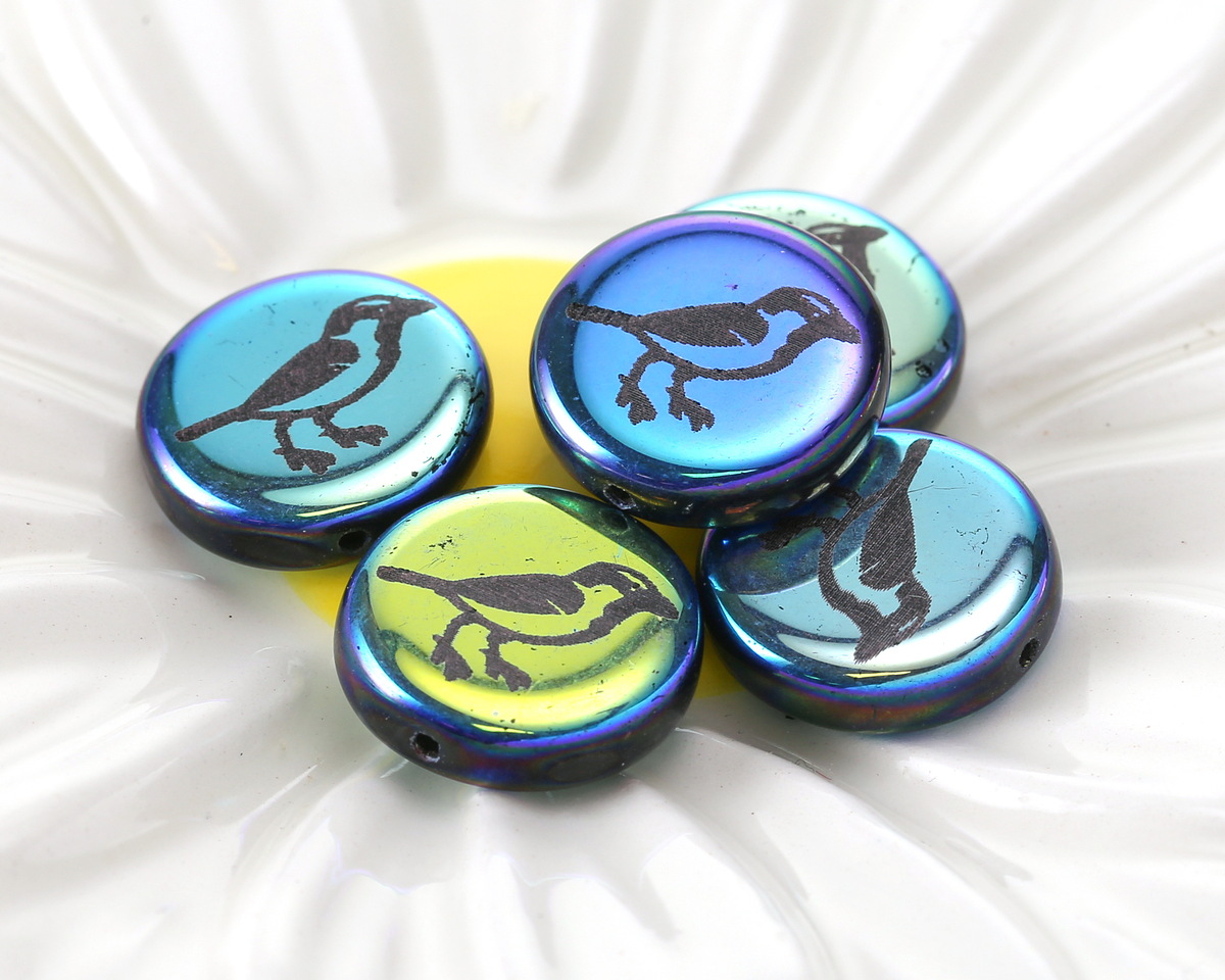 Czech Glass Laser Etched Bird on Jet AB Coin 14mm