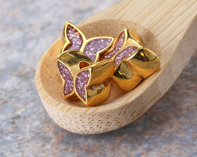 24K Gold (plated) Pink Glitter Enamel Butterfly Bead 7x9mm