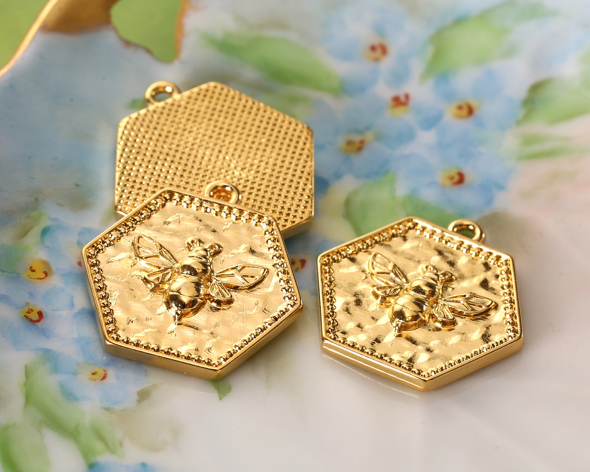 24K Gold (plated) Hexagon Bee Seal Focal 21x22mm