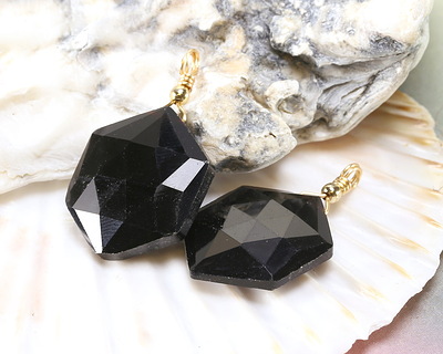 Black Obsidian w/ Gold Finish Faceted Hexagon Wire Wrapped Pendant 20x25mm