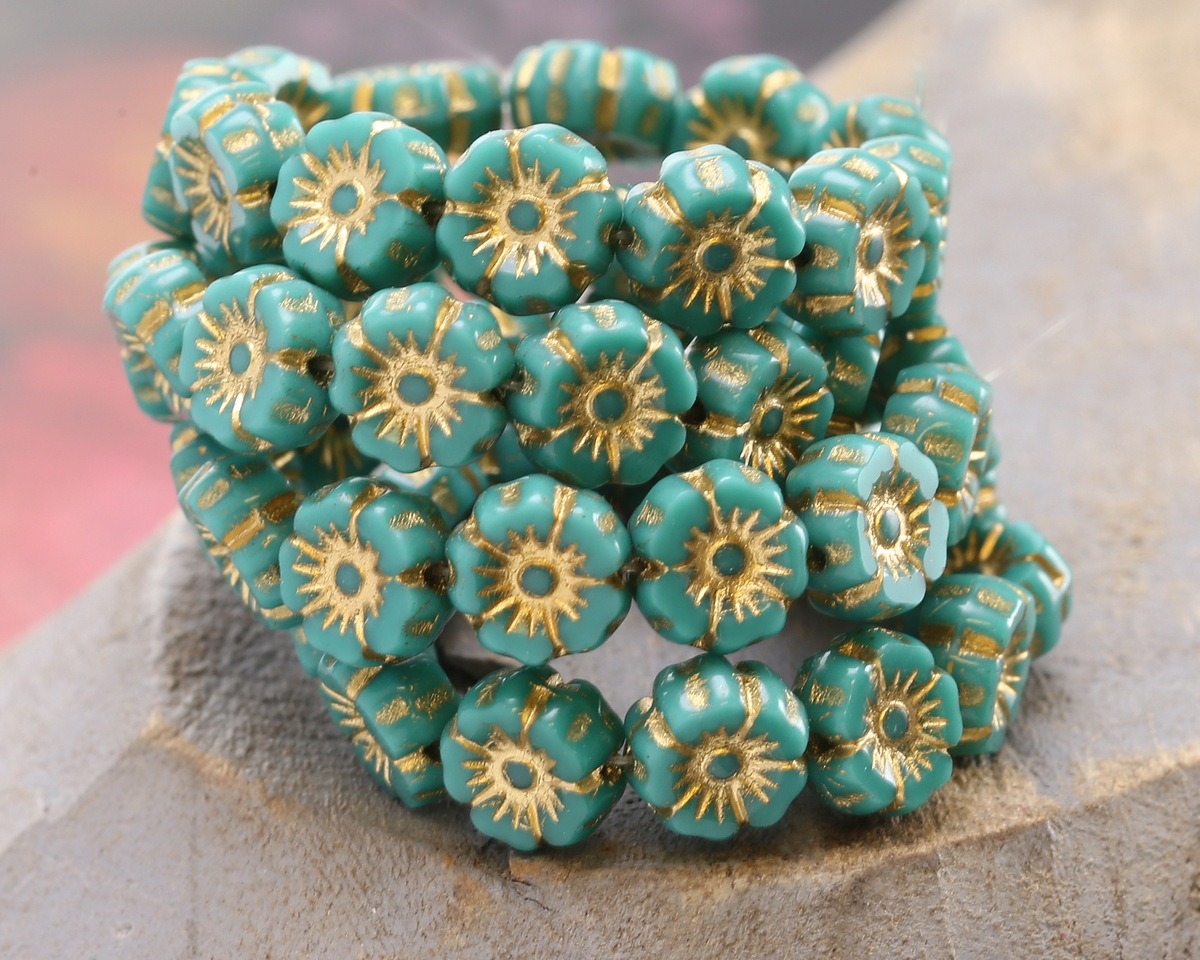Czech Glass Green Turquoise w/ Gold Hibiscus Coin 7mm