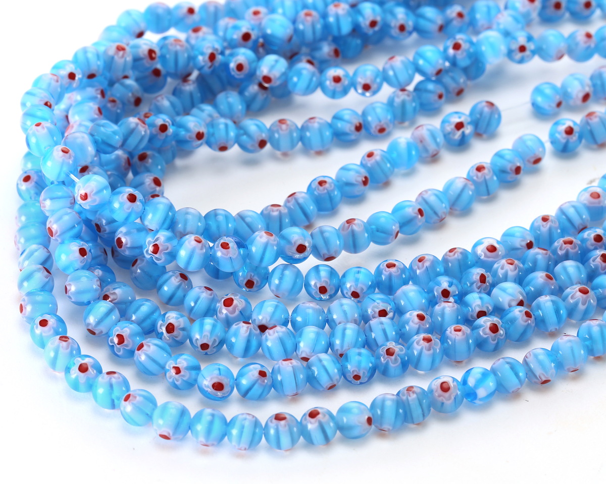Millefiori Glass Sea Blue w/ White & Red Flower Round 6mm