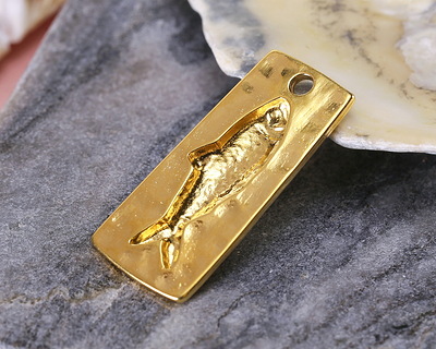 24K Gold (plated) Rectangle w/ Imprinted Fish Focal 14x31mm