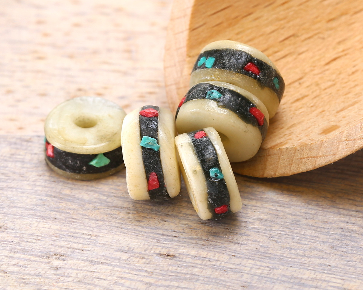 Nepalese Coral & Turquoise Inlay Bone Wheel 5-6x10-11mm