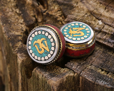 Nepalese White Brass & Brass "Om" Coin Bead w/ Turquoise & Coral 16mm
