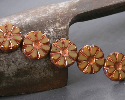 Czech Glass Bronzed Bisque Picasso Flower Window Coin 12mm