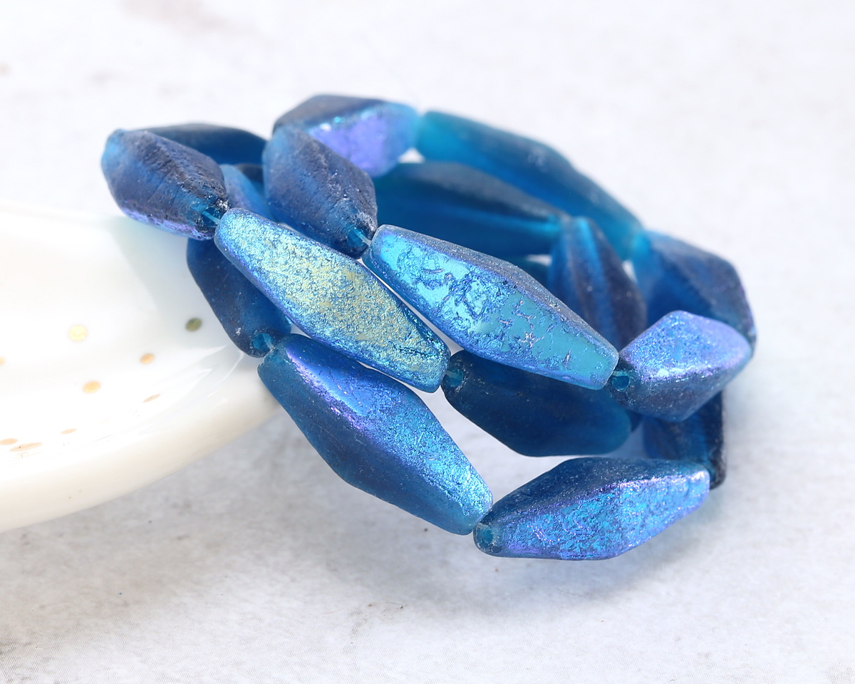 Czech Glass Textured Pacific Blue AB Rhombus 20x8mm