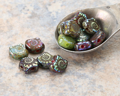 Czech Glass Laser Etched Ammonite on Opaque Mix Picasso AB 2-Hole Ginkgo Leaf 7.5mm