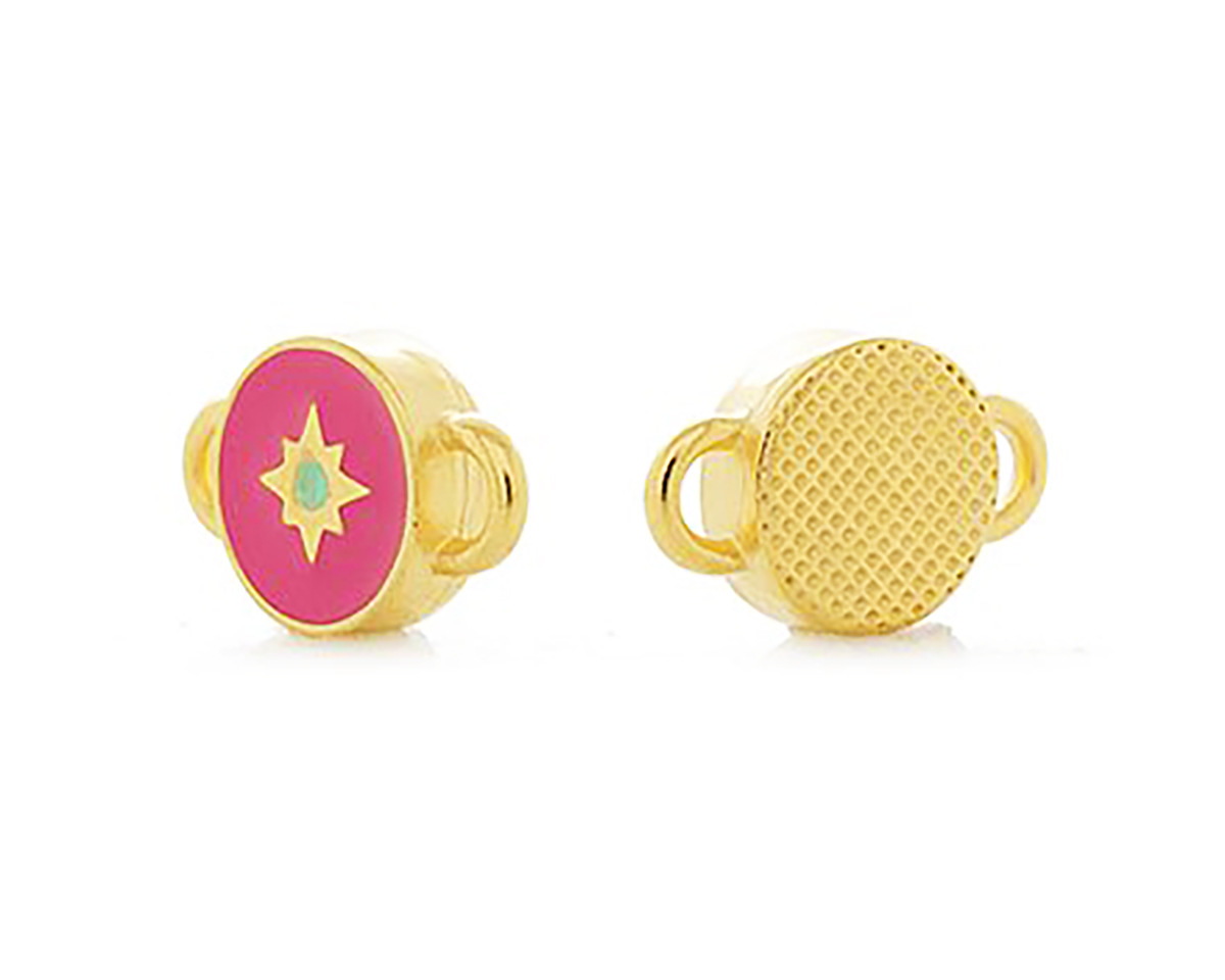 24K Gold (plated) Rose Pink & Mint Enamel North Star Round Focal Link 16x10mm