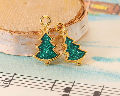 24K Gold (plated) Enamel Christmas Tree Focal 10.5x17mm
