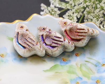 Czech Glass Matte White w/ Metallic Rainbow Bird 11x22mm