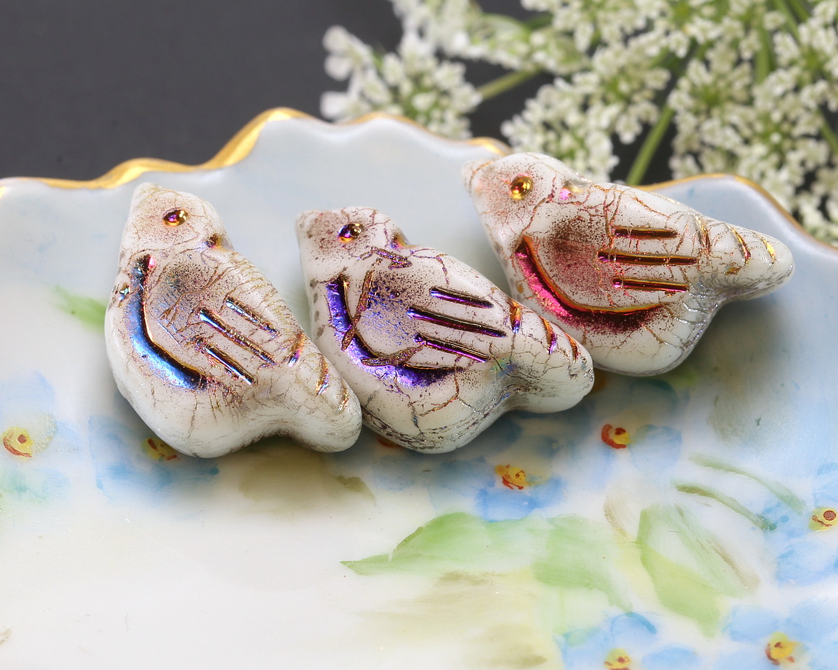 Czech Glass Matte White w/ Metallic Rainbow Bird 11x22mm