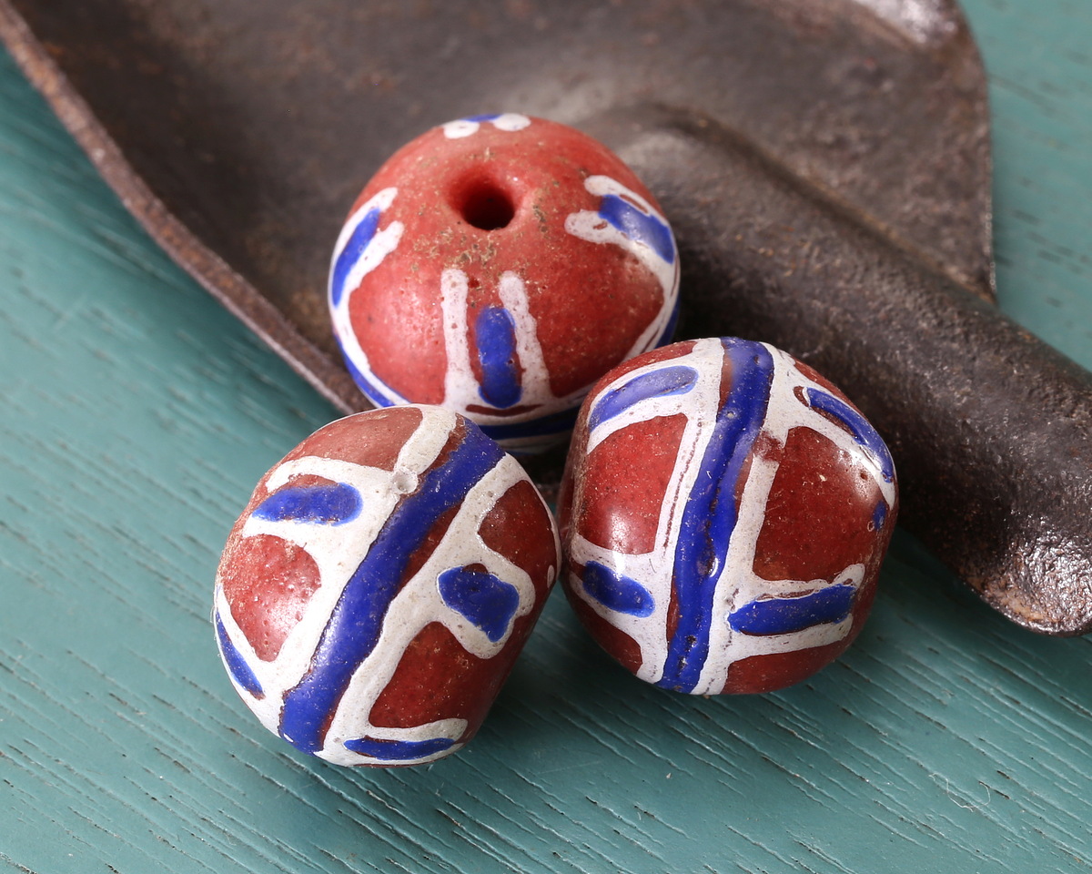 African Powder Glass Red w/ Blue & White Banding King Bead 11-13mm