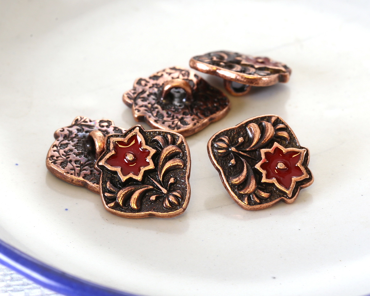 TierraCast Antique Copper (plated) Red Enamel Flower Square Button 14x15mm