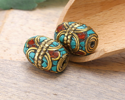 Nepalese Brass Coral & Turquoise Mosaic w/ Dotted Brass Band Barrel 20-21x15mm