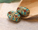 Nepalese Brass Coral & Turquoise Mosaic w/ Dotted Brass Band Barrel 20-21x15mm