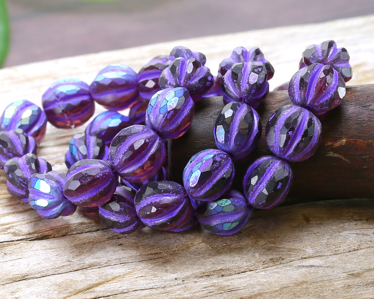 Czech Glass Matte Amethyst AB w/ Purple Wash Faceted Melon Round 10mm