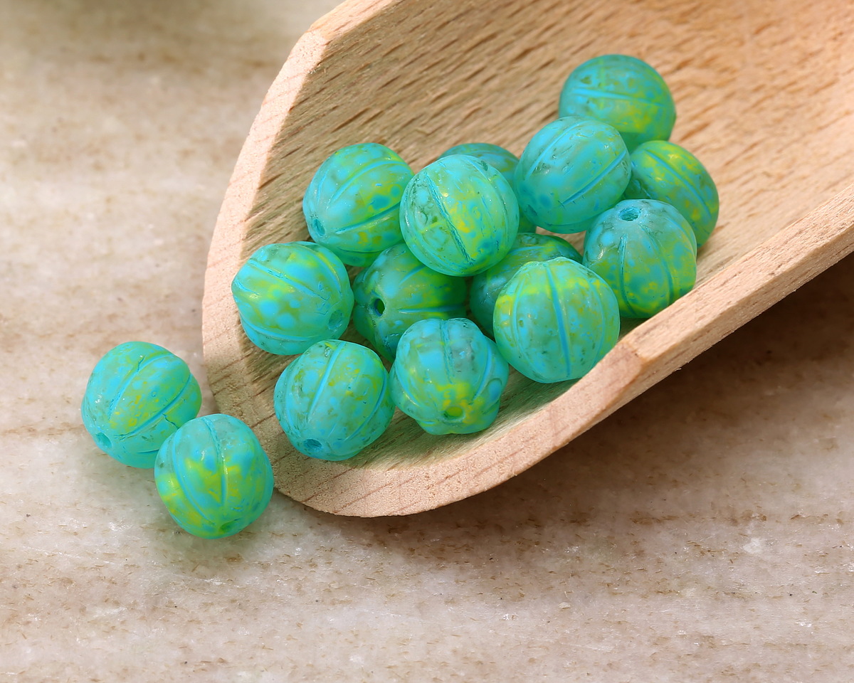 Czech Glass Matte Turquoise & Neon Green Mix Melon Round 8mm