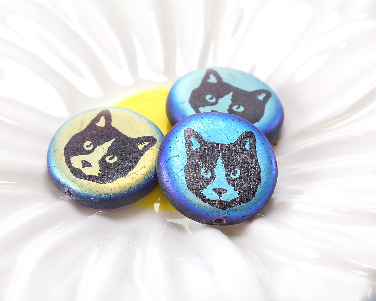 Czech Glass Laser Etched Tuxedo Cat on Jet AB Coin 17mm