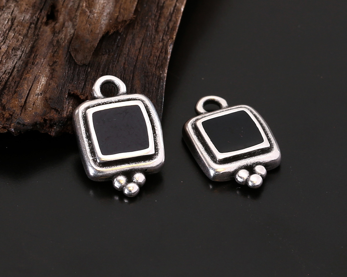 Antique Silver (plated) Jet Enamel Beaded Square Focal 10x16mm