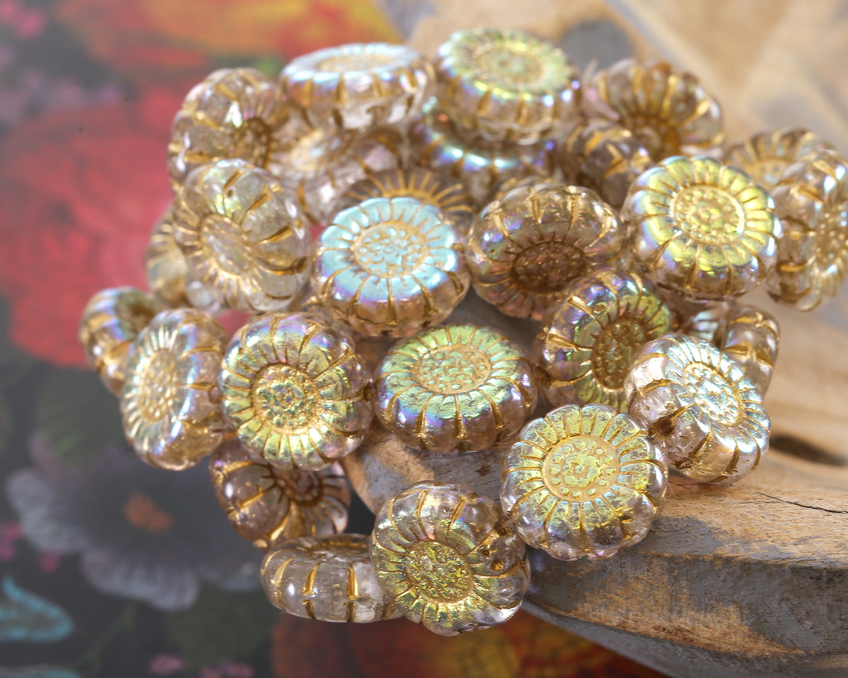 Czech Glass Crystal AB w/ Gold Sunflower 13mm