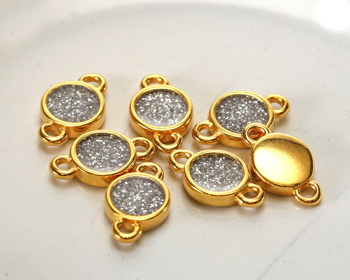 24K Gold (Plated) Silver Glitter Resin Round Focal Link 13x8mm