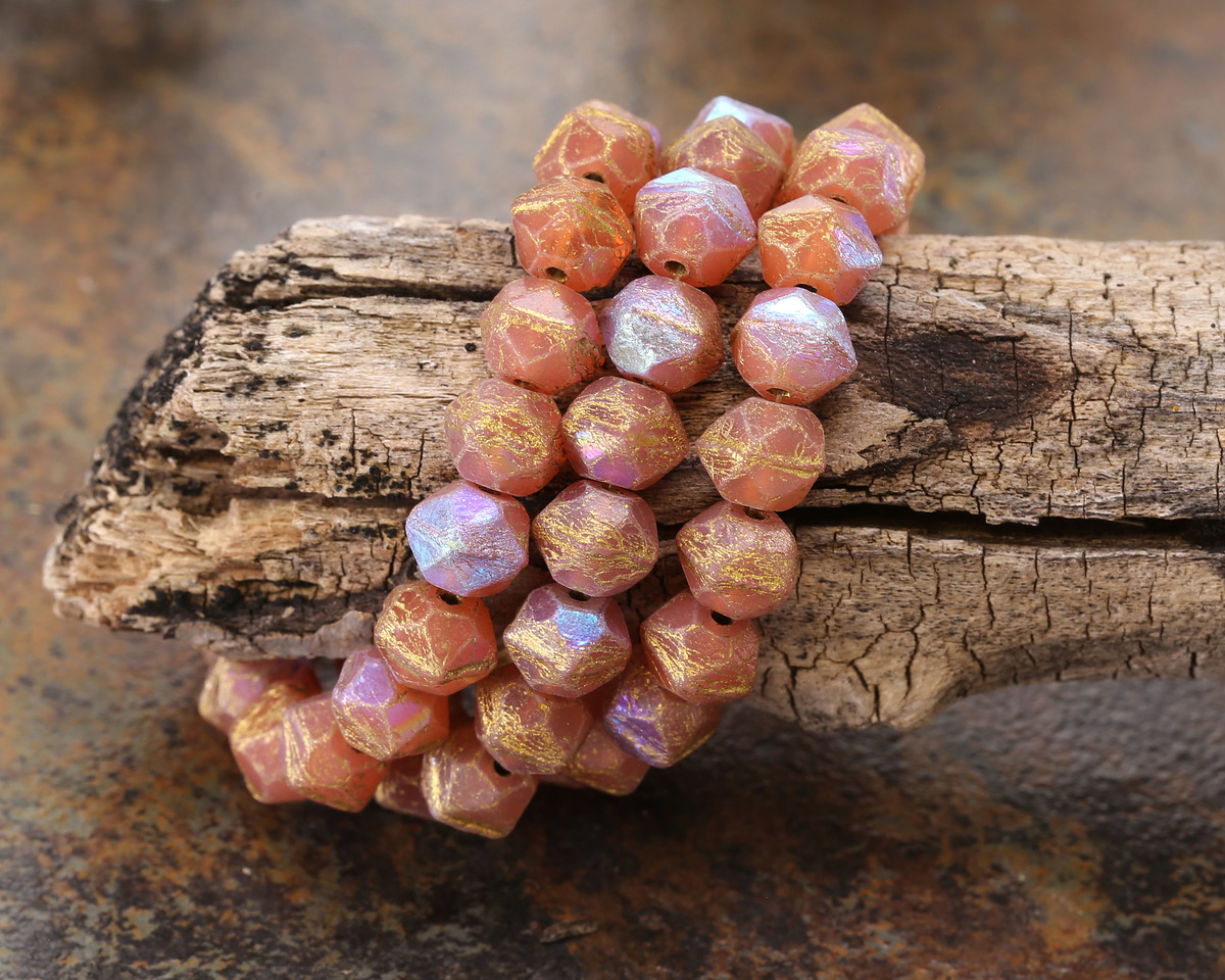 Czech Glass Textured Desert Rose Opal AB w/ Gold Wash English Cut Bead 8mm