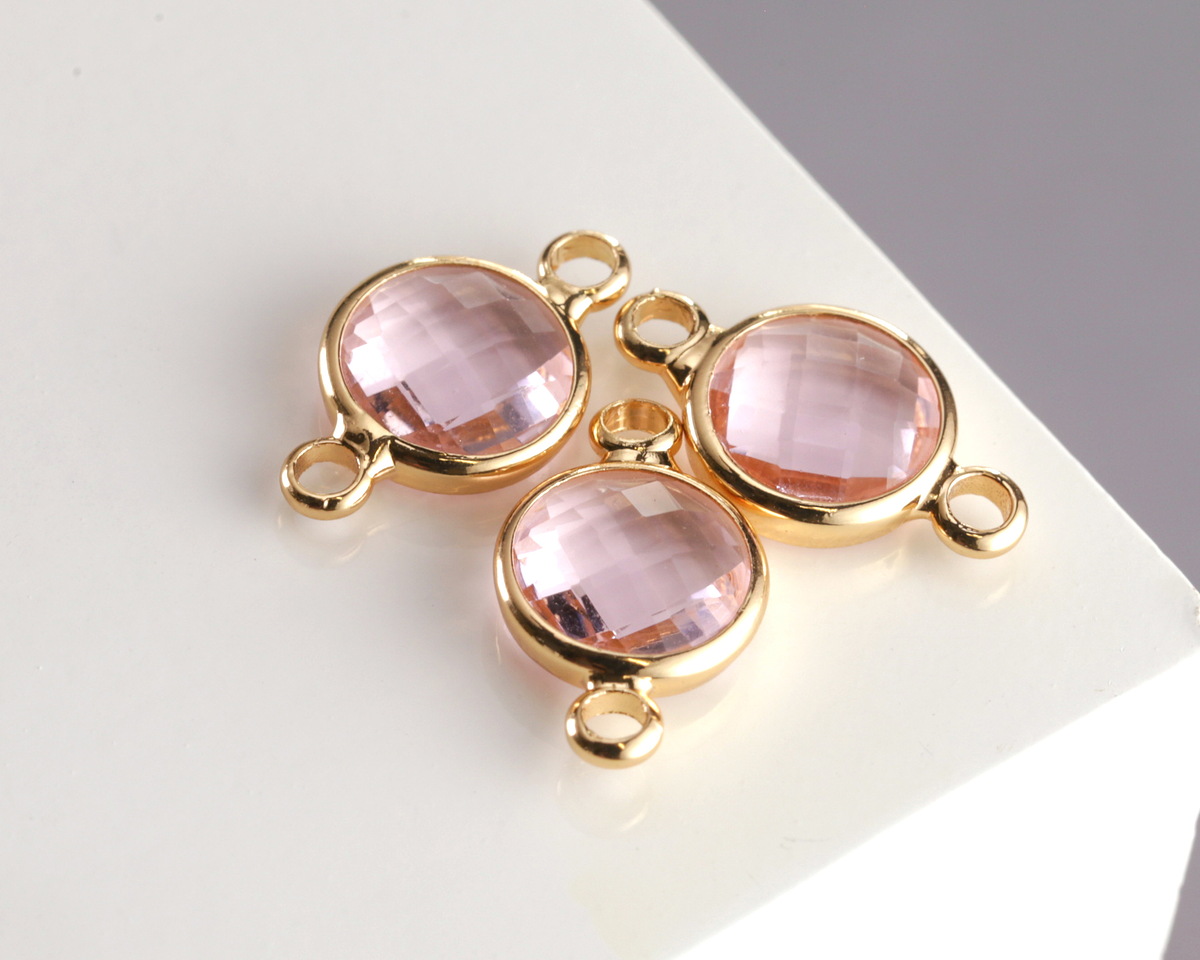 Rose Pink Crystal Round Link in Gold Finish Bezel 14.5x8.5mm
