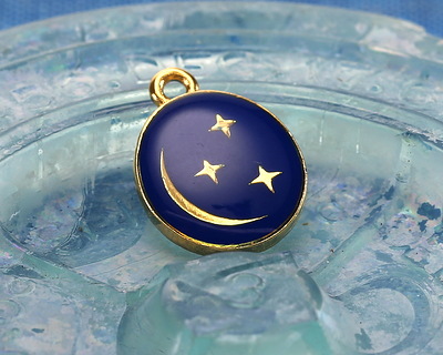 24K Gold (plated) Cobalt Enamel Crescent Moon & Stars Oval Focal 12x16mm